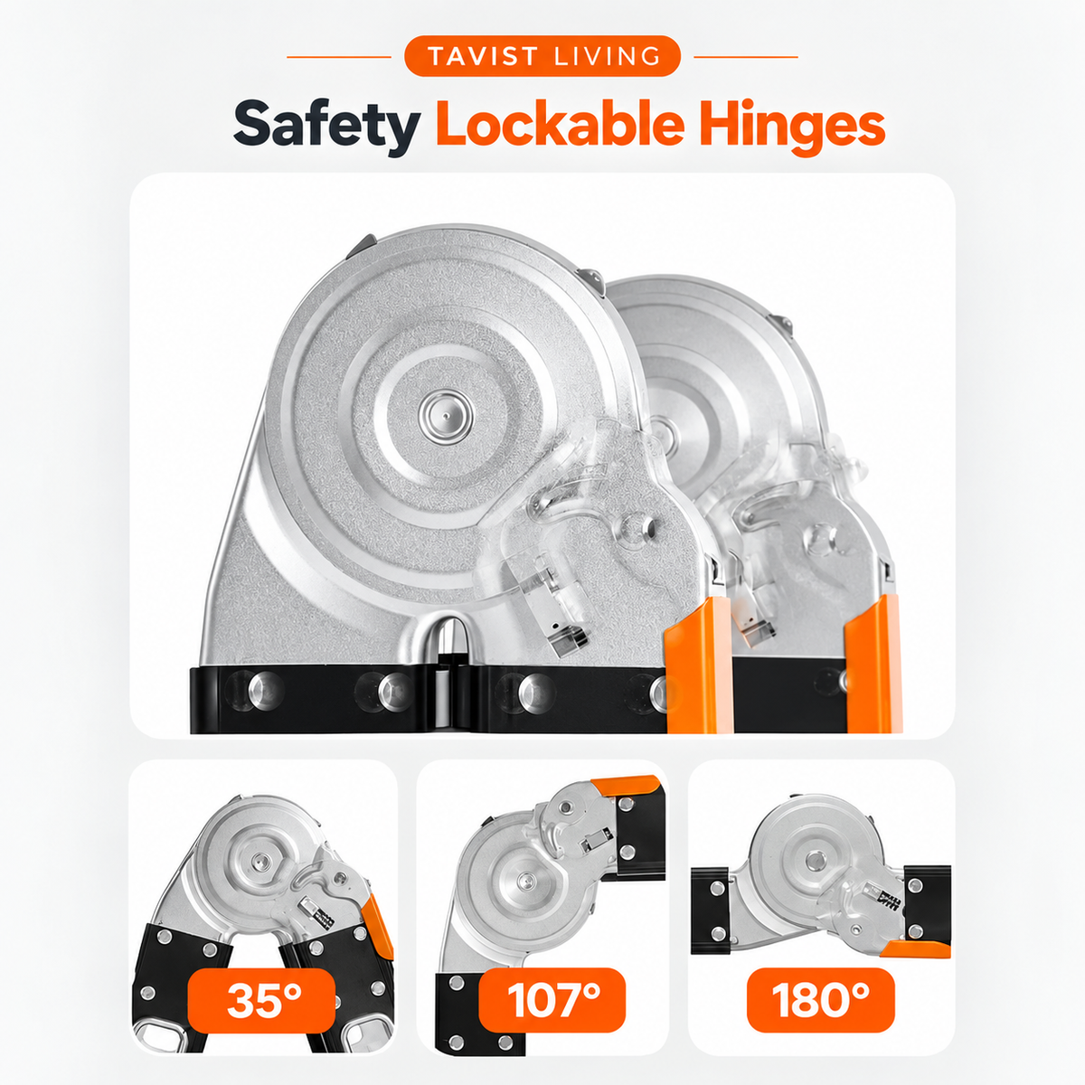 Safety lockable ladder hinges