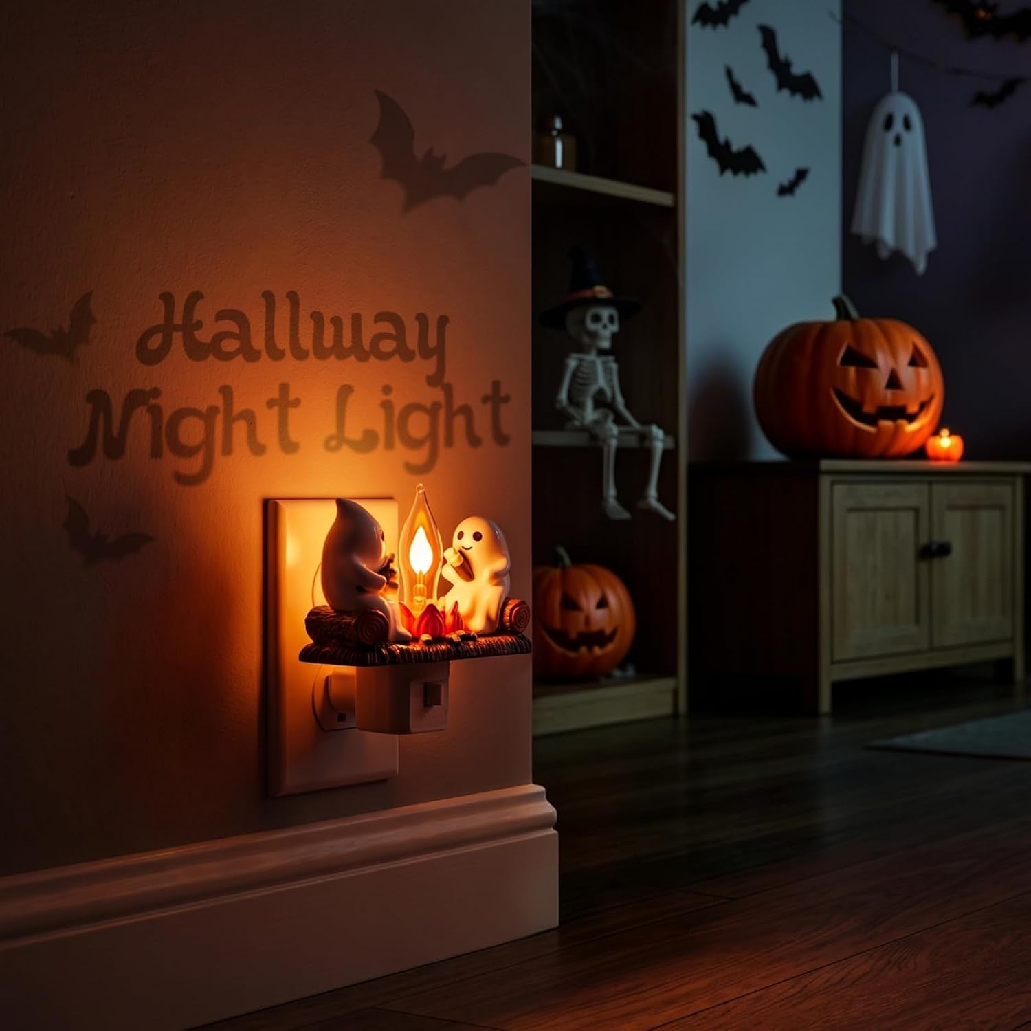 Ghost campfire night light glowing in a Halloween room