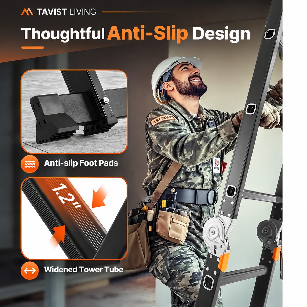 Anti-slip foot pads and widened ladder tube