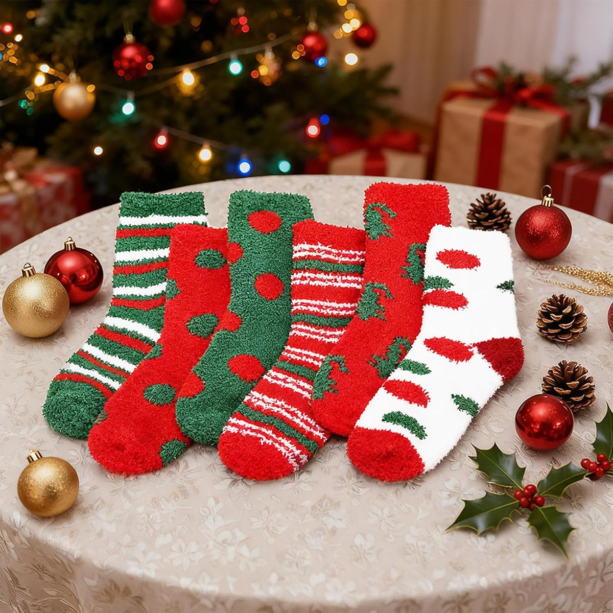 6 Pairs Christmas Fuzzy Socks Cozy Fluffy Winter Warm Slipper Socks for Womens Gifts Valentine's Day Gifts